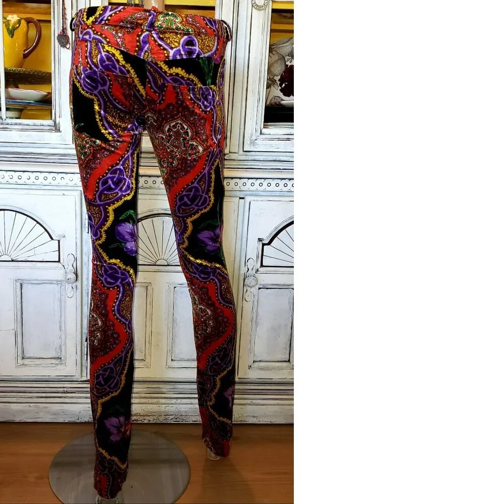 Vintage Betsey Johnson Floral Leopard Stretch Velvet Jeans Pants Dress Top Shirt - Picture 13 of 16